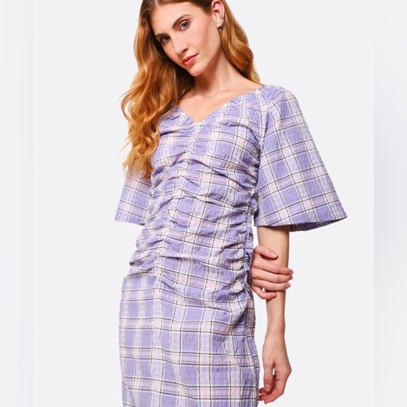 GANNO | Seersucker Plaid Midi Dress In Check Persian Violet Size 34 - Picture 4 of 9